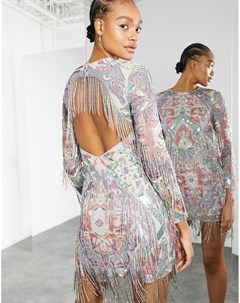 Платье мини с абстрактным узором украшенное бусинами вышивкой и бахромой Asos edition