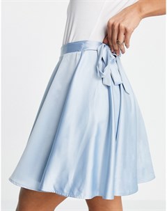 Голубая атласная расклешенная мини юбка с завязкой на поясе и запахом Flounce london