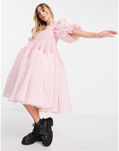 Розовое платье из органзы с объемными рукавами и присборенной юбкой Eva Sister jane
