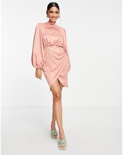 Атласное платье мини розового цвета с запахом спереди и высоким воротом Flounce london