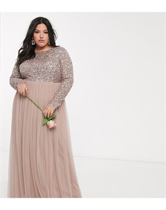 Пепельно розовое платье макси с длинными рукавами и отделкой пайетками Bridesmaid Maya plus