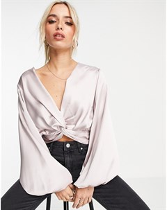 Розоватая атласная блузка с перекрученным передом Miss selfridge