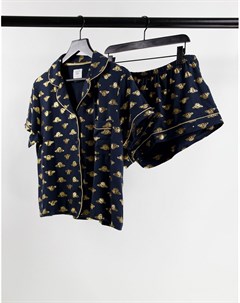 Пижамный комплект темно синего цвета с фольгированным золотистым принтом пчелок Chelsea peers