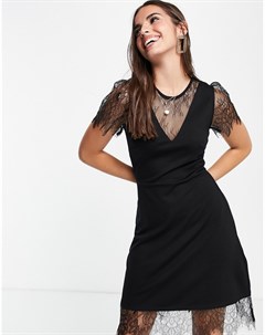 Черное платье миди с кружевной отделкой French connection