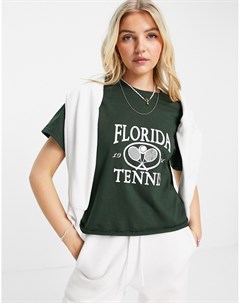 Футболка хвойно зеленого цвета c короткими рукавами и надписью Florida Tennis Miss selfridge