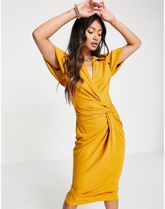 Платье рубашка миди горчичного цвета с декоративным узлом и запахом Asos design