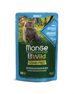 Cat BWild Grain Free полнорационный влажный корм для кошек беззерновой с анчоусами и овощами кусочки Monge