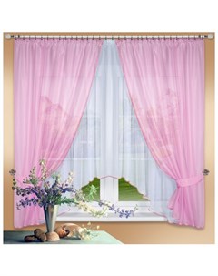 Комплект штор для кухни Лидия розовый шторы 2 шт тюль 1 шт подхваты 2 шт Nivasan