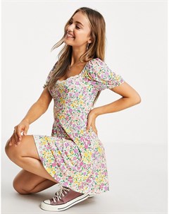 Платье мини с короткими рукавами кружевной отделкой и ярким цветочным принтом Asos design