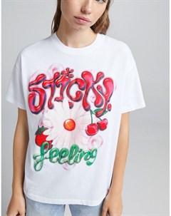 Белая oversized футболка с цветочным принтом в стиле граффити Bershka