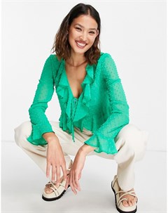 Зеленая полупрозрачная блузка из ткани добби с длинными рукавами и оборками Asos design