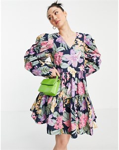 Ярусное платье мини из органического хлопка с пышными рукавами присборенной юбкой и ярким цветочным  Y.a.s
