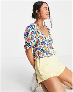 Разноцветная чайная блузка с цветочным принтом пуговицами и короткими рукавами Topshop