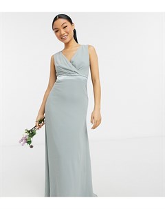 Шалфейно зеленое платье макси для подружки невесты с глубоким вырезом и бантом на спине TFNC Tfnc petite