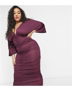 Сливовое платье миди со сборками и рукавами кимоно ASOS DESIGN Asos curve