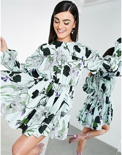 Бледно зеленое льняное платье мини с присборенными пышными рукавами и принтом орхидей Asos edition