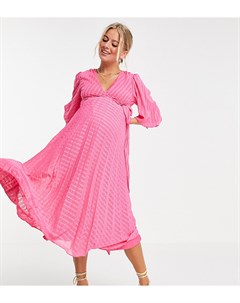 Розовое плиссированное платье миди для кормящих матерей из ткани добби с шевронным узором с запахом  Asos maternity