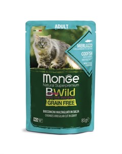 Cat BWild Grain Free полнорационный влажный корм для кошек беззерновой с треской креветками и овощам Monge