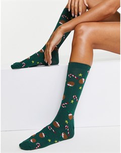 Зеленые носки до середины голени с новогодним принтом конфет Asos design