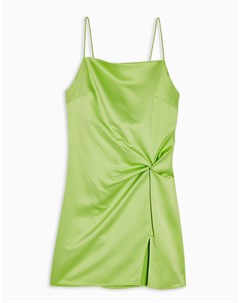 Зеленое атласное платье мини на бретельках с декоративным узлом Topshop
