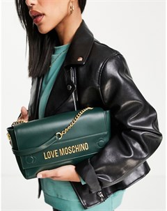 Темно зеленая сумка на плечо с ремешком цепочкой Love moschino