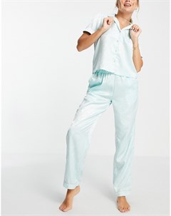 Атласный пижамный комплект из рубашки и брюк мятно зеленого цвета с цветочным принтом Vero moda