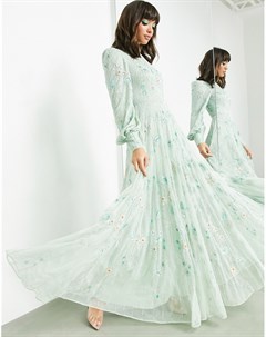 Зеленое платье макси с цветочной декоративной отделкой Asos edition