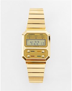Золотистые часы браслет в стиле унисекс с электронным циферблатом Revival F 100 Casio