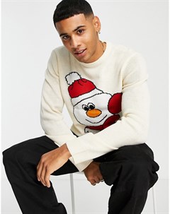 Джемпер в новогоднем стиле со снеговиком цвета экрю Only & sons