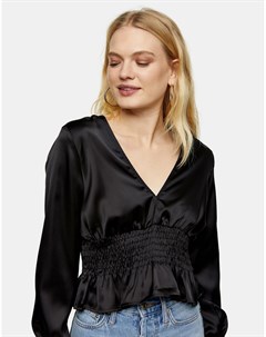 Черная атласная блузка со сборками на талии Topshop