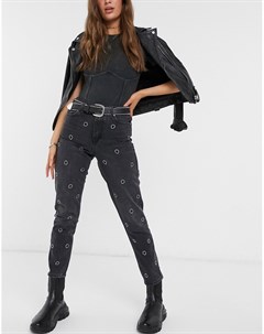 Черные выбеленные джинсы в винтажном стиле с отделкой в виде пришельцев Topshop