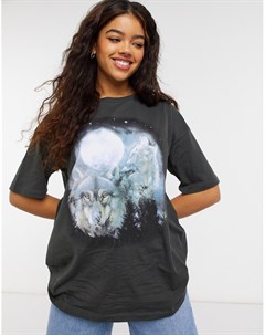 Темно серая выбеленная футболка с графическим принтом волков Asos design