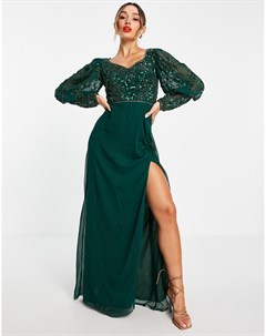 Платье макси изумрудно зеленого цвета с декоративной отделкой и пышными рукавами Virgos lounge