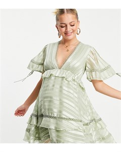 Шалфейно зеленое платье мини с короткими рукавами кружевной вставкой поясом и атласными полосками AS Asos maternity