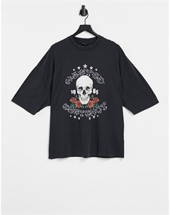 Черная oversized футболка с эффектом кислотной стирки и принтом с черепом и розами Asos design
