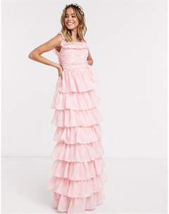 Ярусное платье макси для выпускного с принтом розового цвета With Love Anaya