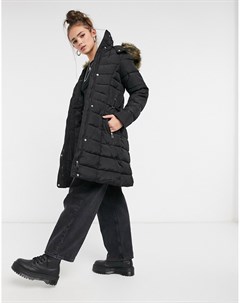 Черное дутое пальто макси с капюшоном New look