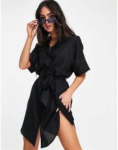 Черное платье рубашка мини с поясом Jenny Monki