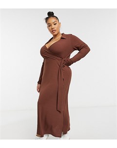 Шоколадно коричневое платье миди в рубчик с запахом и длинными рукавами ASOS DESIGN Curve Asos curve