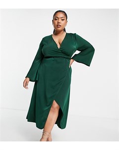 Темно зеленое атласное платье миди на запахе с расклешенными рукавами и завязкой ASOS DESIGN Curve Asos curve