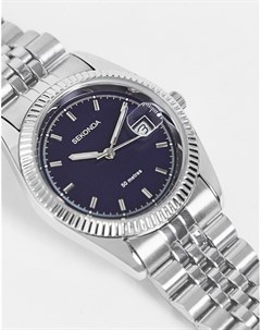 Серебристые наручные часы браслет унисекс с синим циферблатом Sekonda