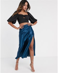 Темно синяя атласная юбка миди с разрезом до бедра Asos design