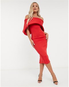 Ярко красное платье футляр миди со спущенными плечами Asos design