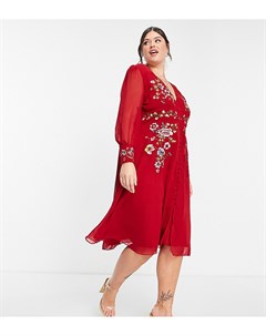 Чайное платье миди красного цвета с длинными рукавами и вышивкой Hope & ivy plus