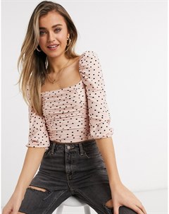 Розовая блузка в горошек с пышными рукавами и квадратным вырезом Miss selfridge