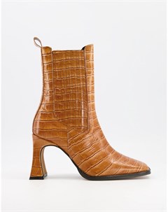 Светло коричневые кожаные ботинки на высоком каблуке с отделкой под кожу крокодила Radius Asos design