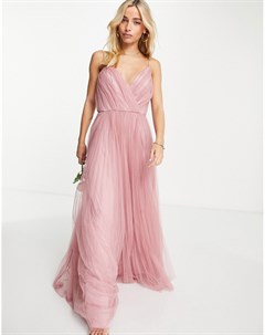 Розовое плиссированное платье макси из тюля на бретелях Bridesmaid Asos design