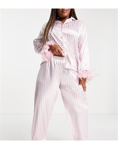 Розовая атласная пижама в полоску со съемной отделкой из искусственных перьев Plus Night