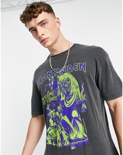 Черная выбеленная oversized футболка с принтом Iron Maiden Topman