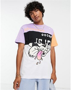 Разноцветная футболка с разрезанным принтом кота Crooked tongues